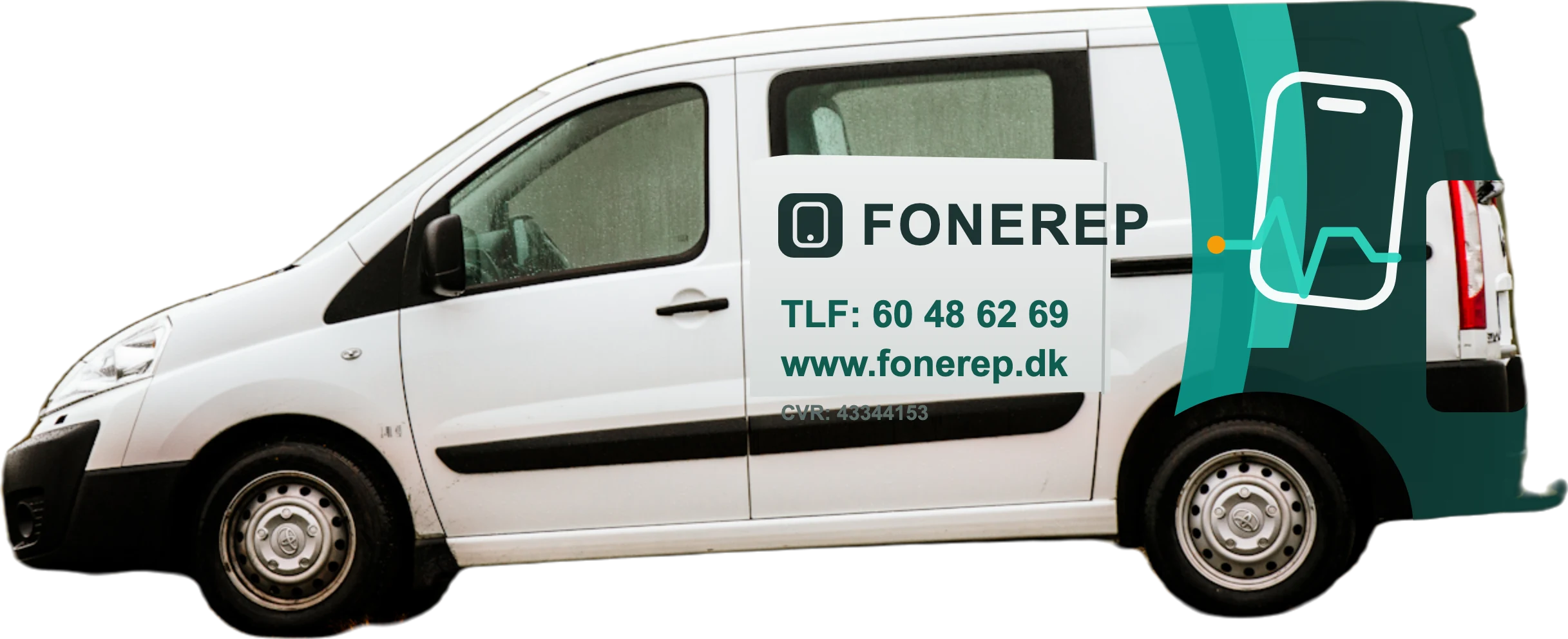 Fonereps servicevogn med Fonerep-folie – mobilt værksted, TLF 60 48 62 69, fonerep.dk